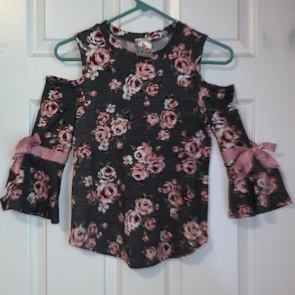 Grey Floral Shoulder Cut Out Shirt